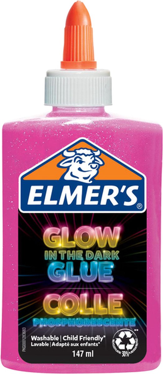 Elmers in het donker oplichtende vloeibare lijm | roze | 147 ml | uitwasbaar en kindvriendelijk | geweldig om slijm mee te maken en te knutselen